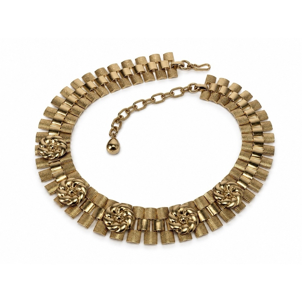 Vintage Gold Statement Choker Bib Necklace Rosettes Signed PAMAR